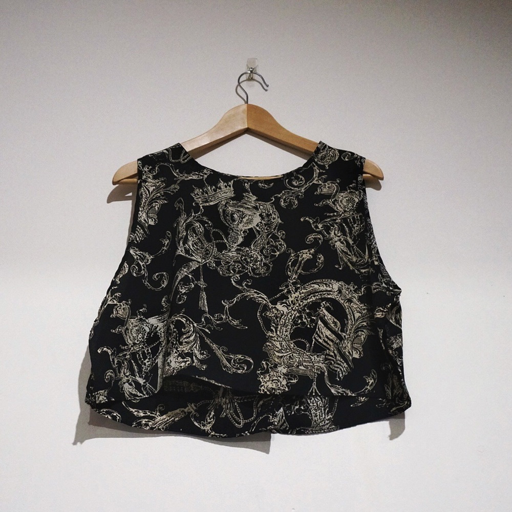 Black Crop Top with Beige Patterns